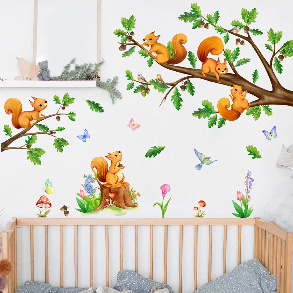 Cartoon Branch Squirrel Wall Stickers For Kids Baby Room Decoration Wallpaper Home Decor Self Adhesive Lovely Animals Decals