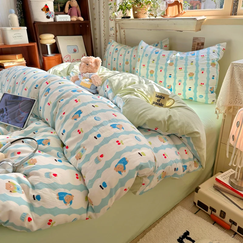 Washed Cotton Cartoon Quilt Cover 3Pcs Bedding Set Pillowcase Included Queen Duvet Cover Bed 150/180/200Cm Double Bed Cover