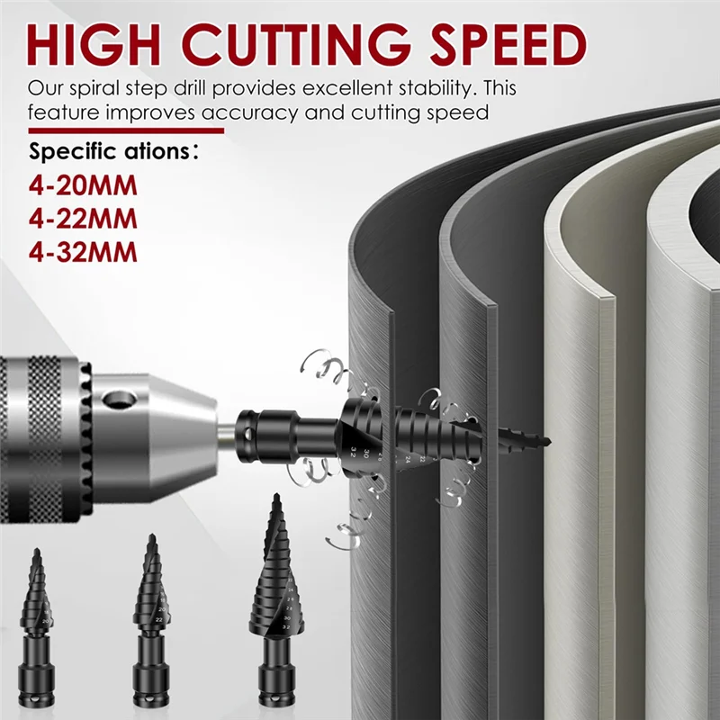 

ABHB-3Pcs Step Drill Bit Set, Grooved Step Drill Bit 4-32Mm Cone Cutting Spiral Flute