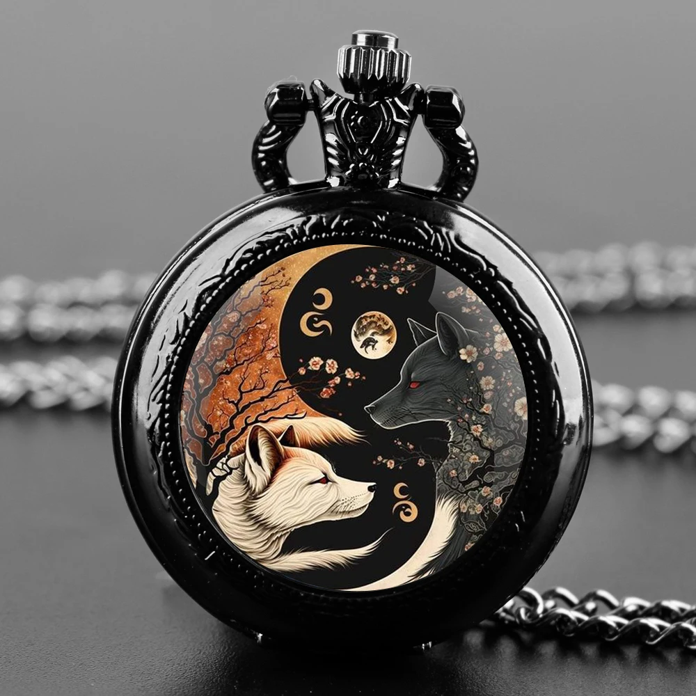 

Yin-Yang Wolf Design Glass Dome Quartz Pocket Watch With Durable Chain Arabic Numeral Dial For Men And Women Creative Gifts