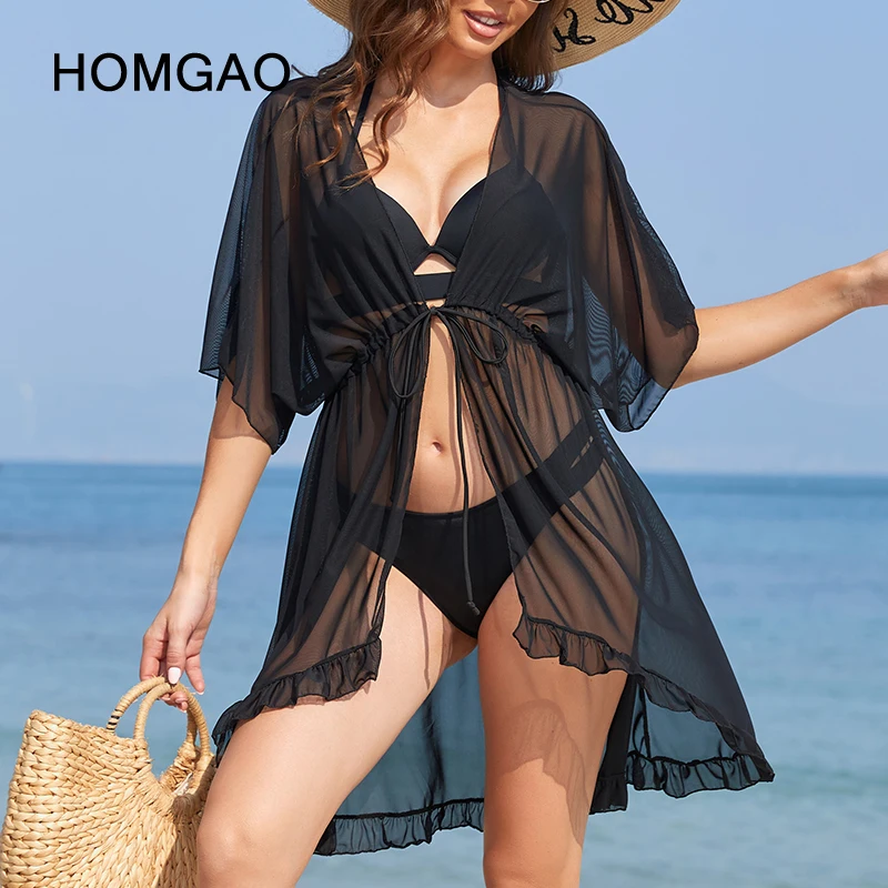 HOMGAO Women's Black Kimono Tie Front Bikini Cover Up Sexy Brazilian Swimsuits Coverup Mesh Chiffon Beachwear Swimwear Dress