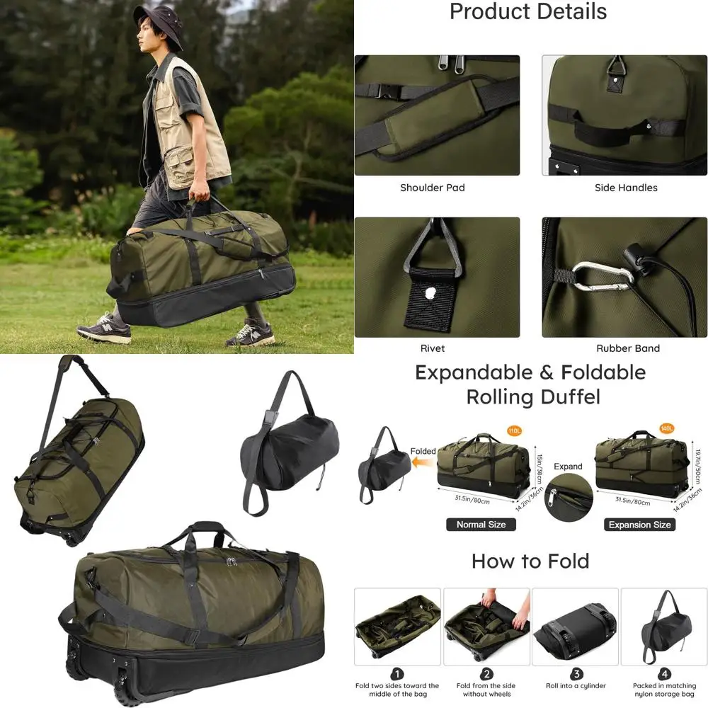 

110L-140L Expandable Army Green Soft-Sided Rolling Duffle Bag with Storage Pouch