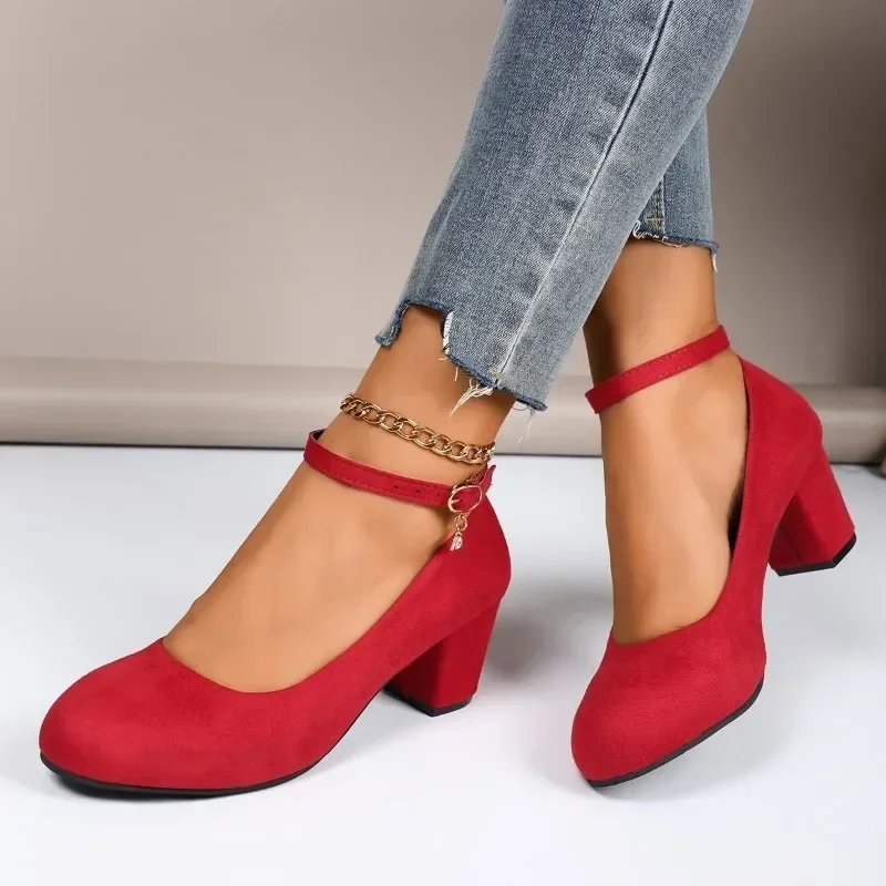 2024 High Quality Women's Shoes New Round Toe Solid Color Suede Shallow Mouth Thick Heel One-line Buckle  High Heels