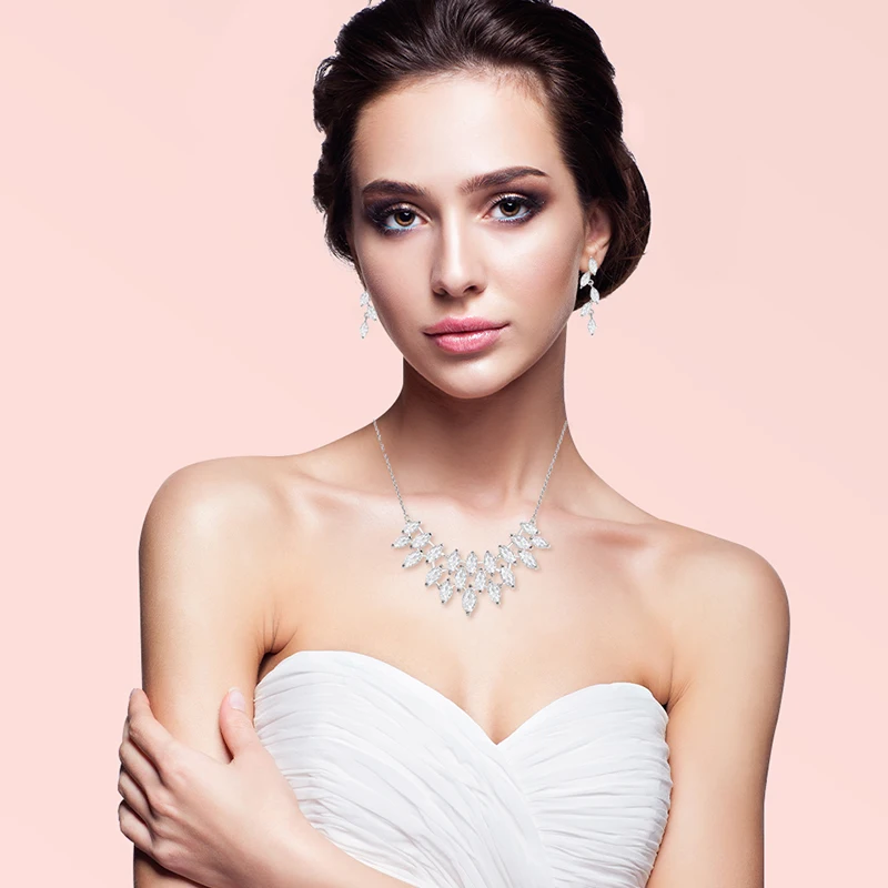 Jade Angel Marquise Cut Cubic Zirconia Bridal Jewelry Set Stylish White Gold Plated Brass Women's Necklace & Dangle Earrings