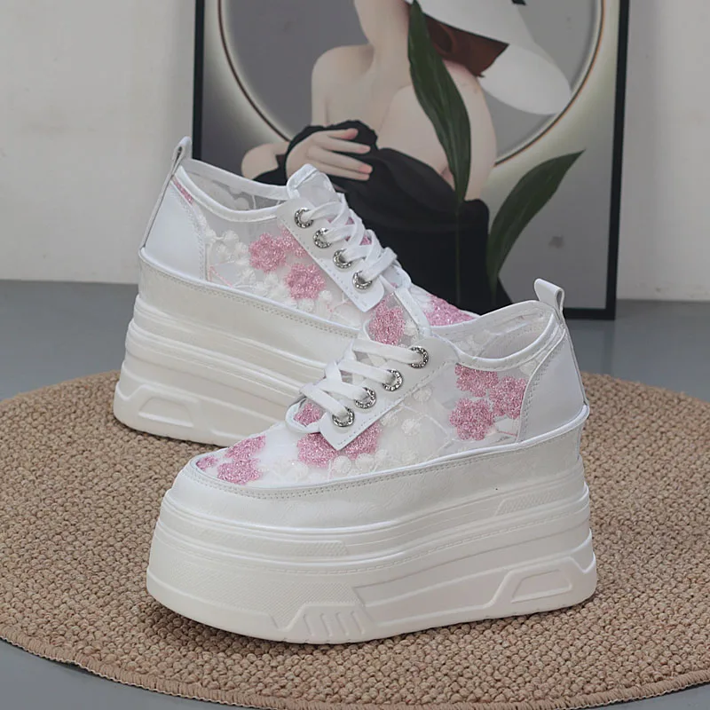 شبكة تنفس سميكة وحيد منصة حذاء أبيض الترا عالية الكعب 12 سنتيمتر الارتفاع زيادة 10 سنتيمتر للنساء قصيرة الدانتيل شبكة أحذية رياضية #5