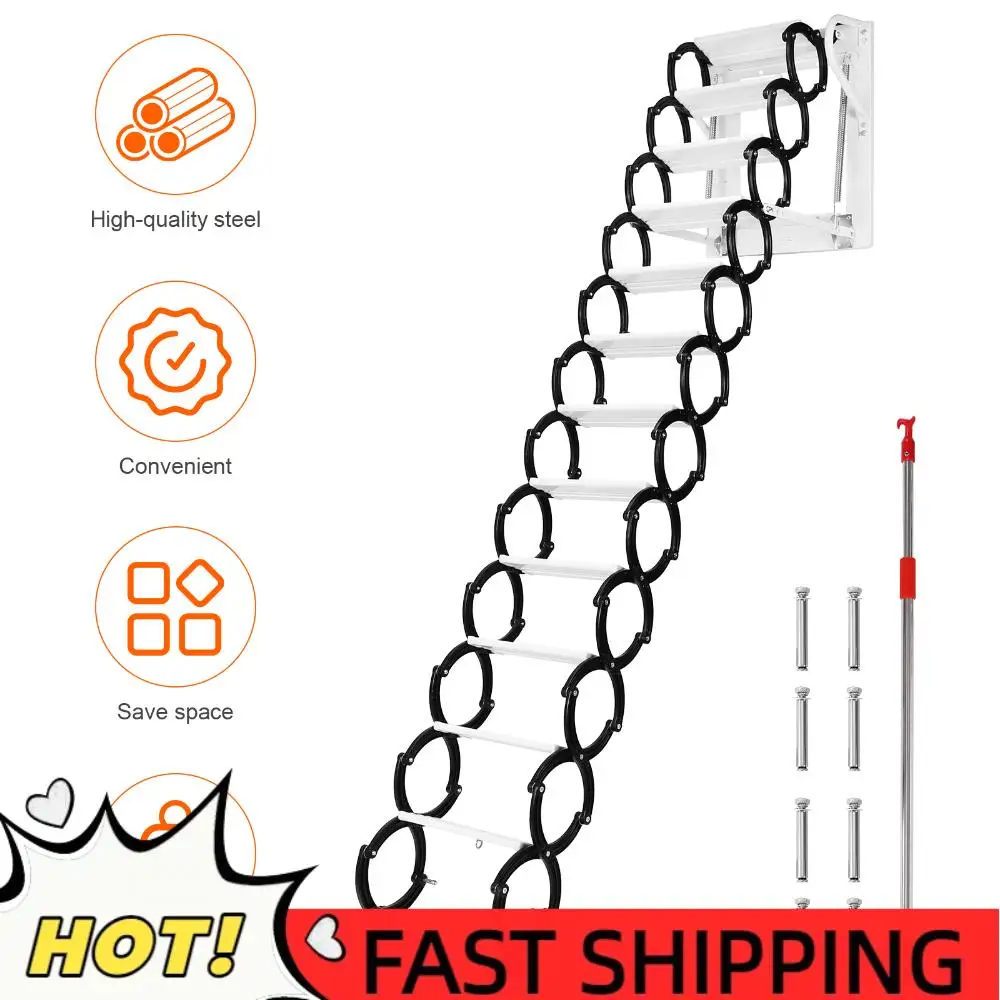 12 Steps Pull Down Attics Ladder Up To 600lbs Folding Telescoping Ladder with Anti-Slip Steps 11.2ft for Home Indoor Outdoor