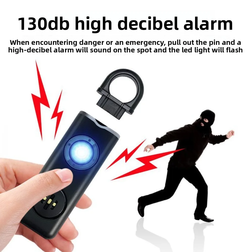130 High DB Safe Sound Personal Alarm LED Strobe Light with Hanging Hook Portable Alarm Keychain Drop-proof Low Battery Notice