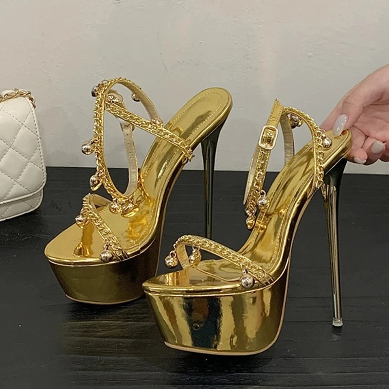 الفاخرة القلب جرس المعلقات تصميم الصنادل النساء سلسلة جديدة الكاحل حزام سوبر عالية الكعب الذهب صنادل أرضية مثير القطب حذاء الرقص #5