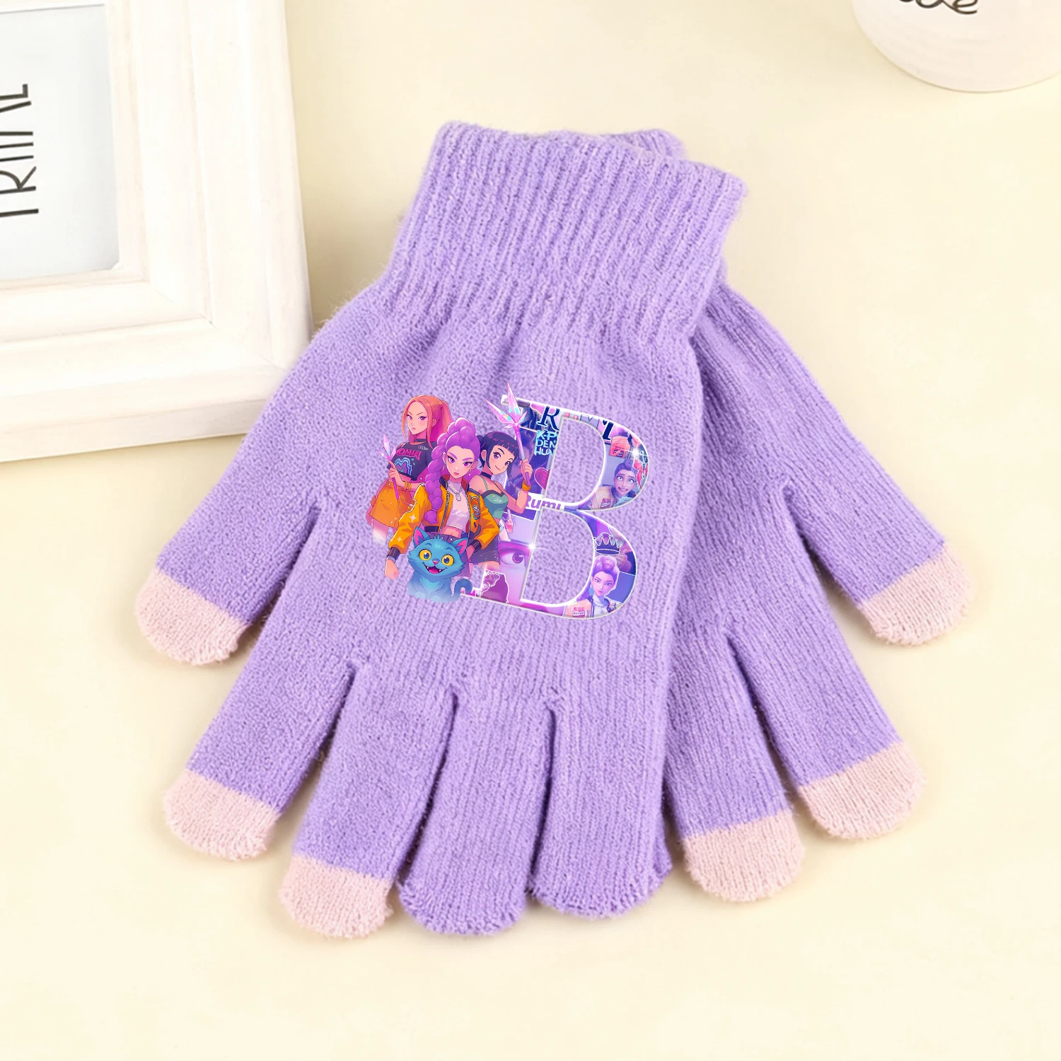 Kpop شيطان الصيادين قفازات متماسكة الكرتون رسالة A-Z قفاز شاشة قابل للمس الفتيات الفتيان الأرجواني شتاء دافئ اكسسوارات الأطفال هدية
