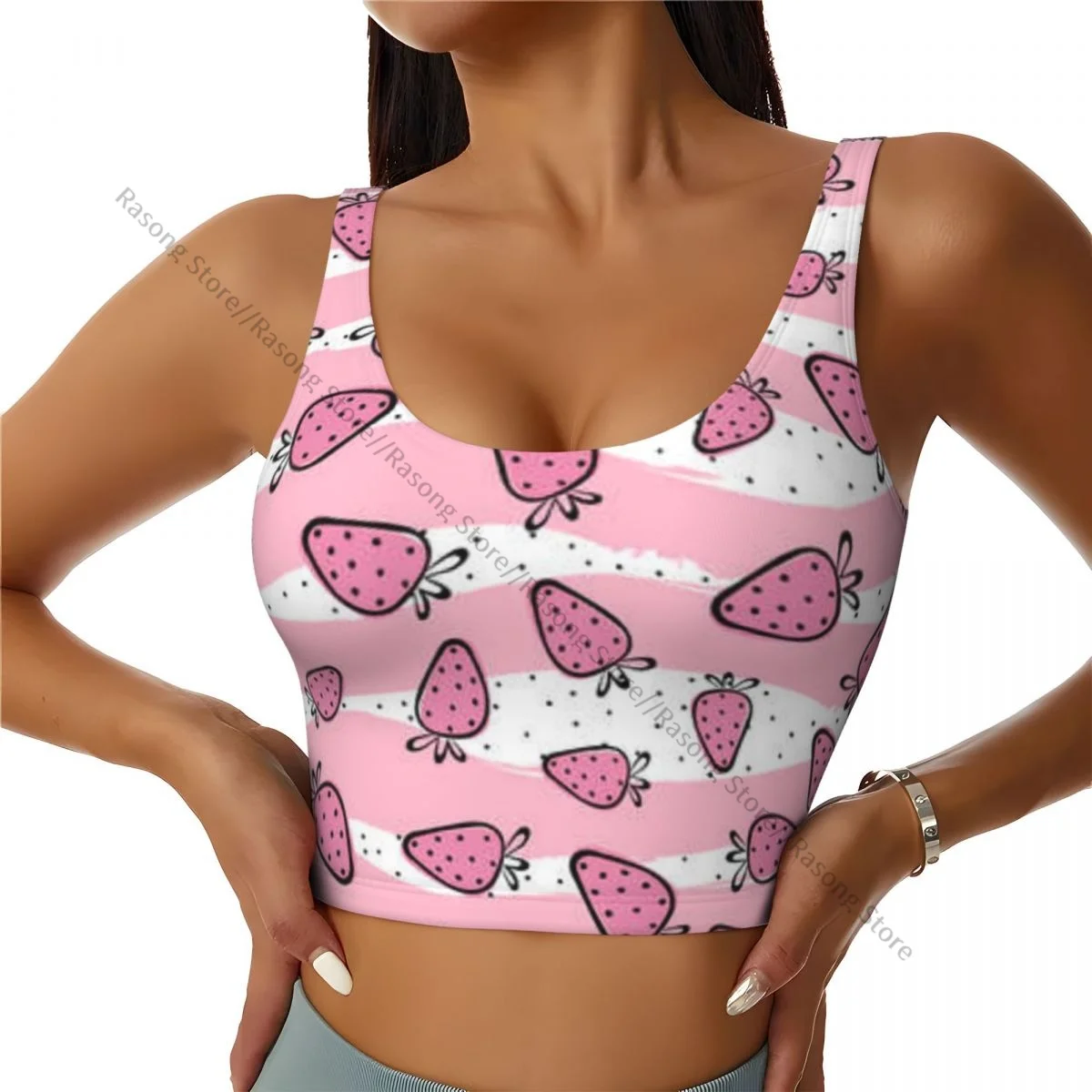 Women Sexy Sports Vest Sweet Strawberry On Stripes Background Female Streetwear Sport Lingerie Tee Crop Top