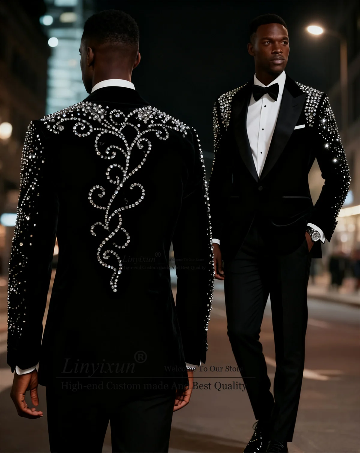 

Fashion Velvet Wedding Suits For Men Customized Groom Tuxedo 2 Pieces Sets Blazers Handsome Metallic Bead Diamond Costume Homme