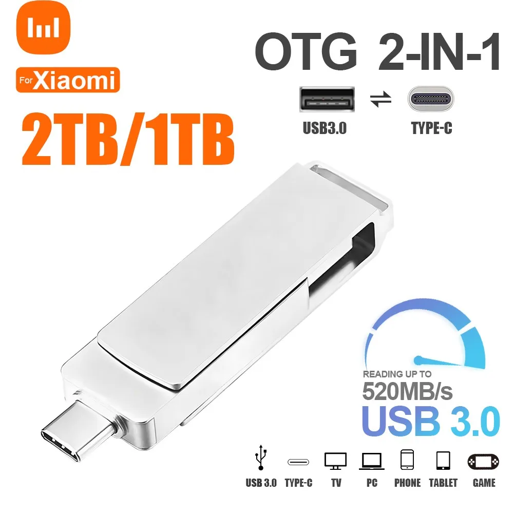 Portátil USB Memory Stick para Xiaomi, OTG Flash Drive, Interface de computador, telefone, computador, Transmissão mútua, 2TB, 1TB, 2TB, 128 GB, 256GB