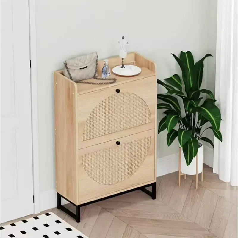 Factory Direct Modern Wooden Shoe Storage Cabinet with 2 Flip Rattan Drawers Durable Charging Station for Home Mall Entryway