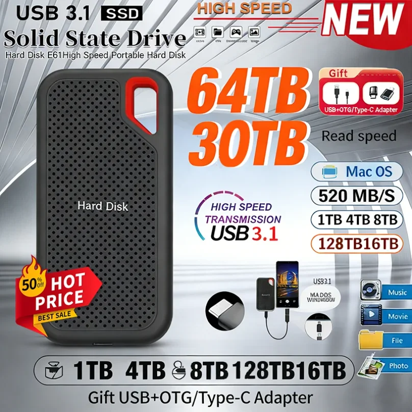 Portable SSD 128TB High-quality Hard Drive 1TB/2TB Original 