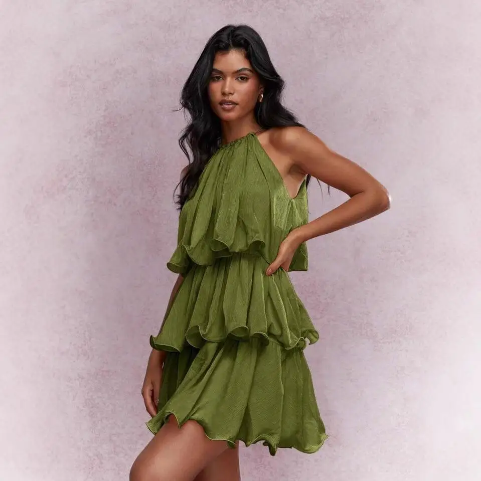 

Ele Summer New Sle Svel Dr with Ne Hanging Sve Chiffon Lace Cleanfit mid Waist A-line Skirt Ciwalk