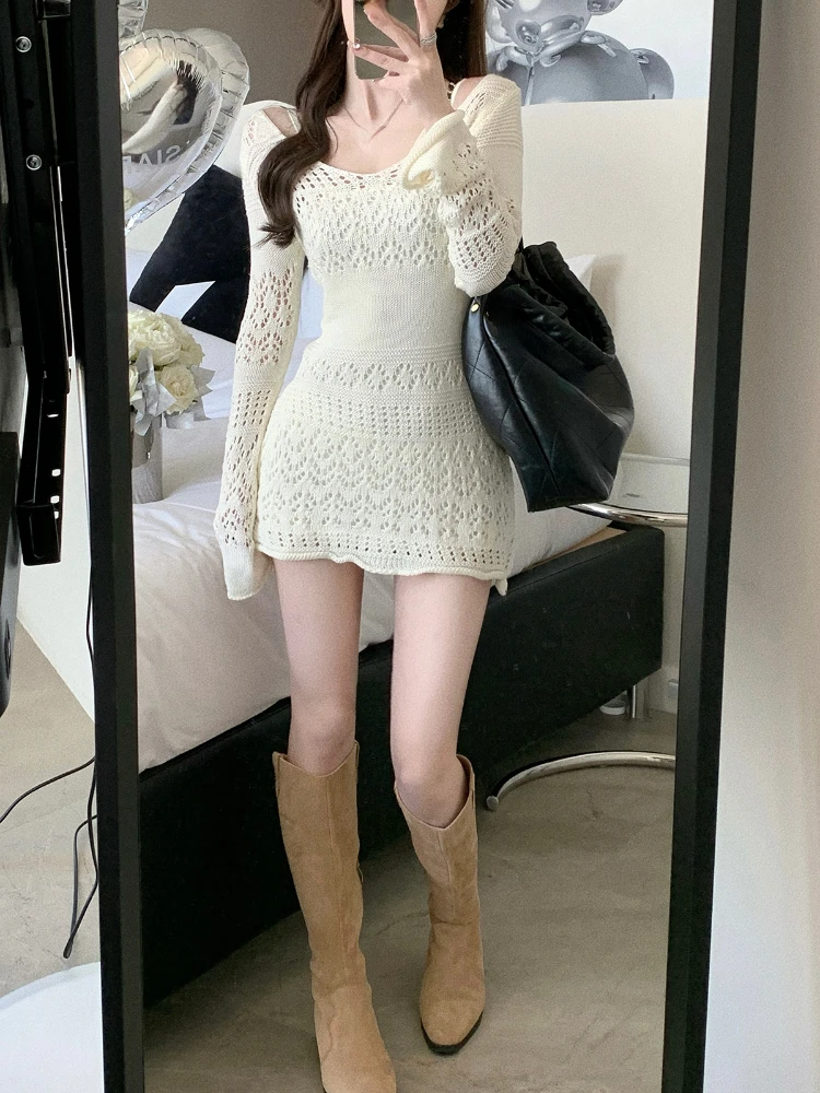 2022 Autumn Elegant Knitted Dress Women Long Sleeve Lace Short Party Dress Korea Fashion Slim Sexy Y2k Mini Dress Female Vintage