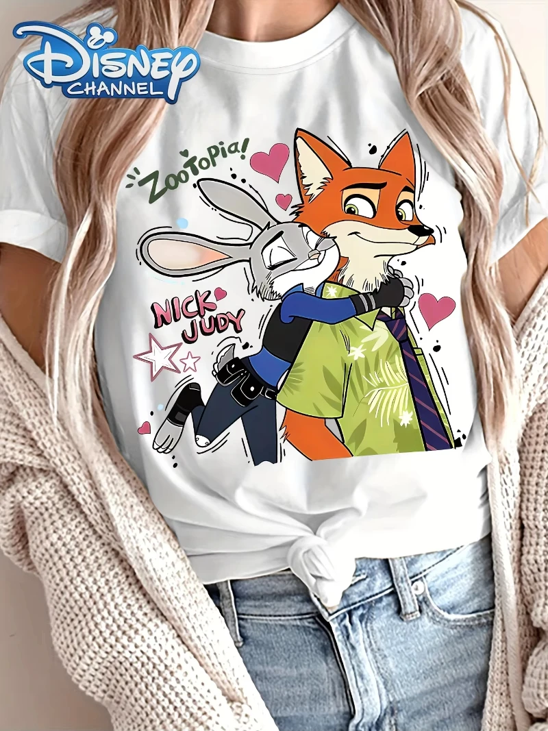 تي شيرت نسائي رسمي من Disney Nick and Judy Hopps Zootopia - تي شيرت كاجوال ناعم برقبة دائرية وأكمام قصيرة مع رسمي