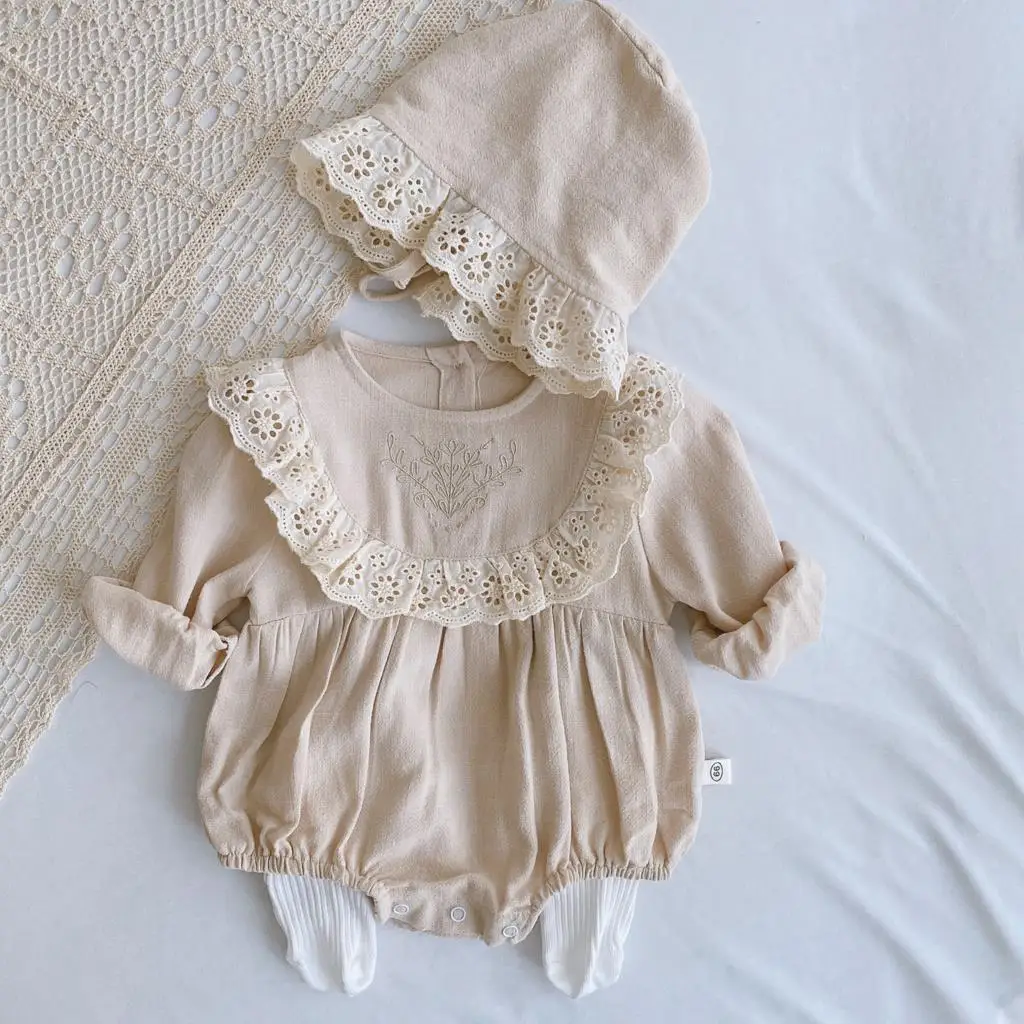 Spring Baby Girl Romper+Hat Bodysuit Outfits Long Sleeve 2Pcs Outfits Cotton Linen Lace Ruffles Girls Kids Clothing 0-24M