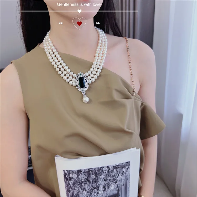 19\'\' 3 Rows 8-9mm Cultured Natural White Pearl  Silver Plated  Zircon Necklace And Bracelet  Set