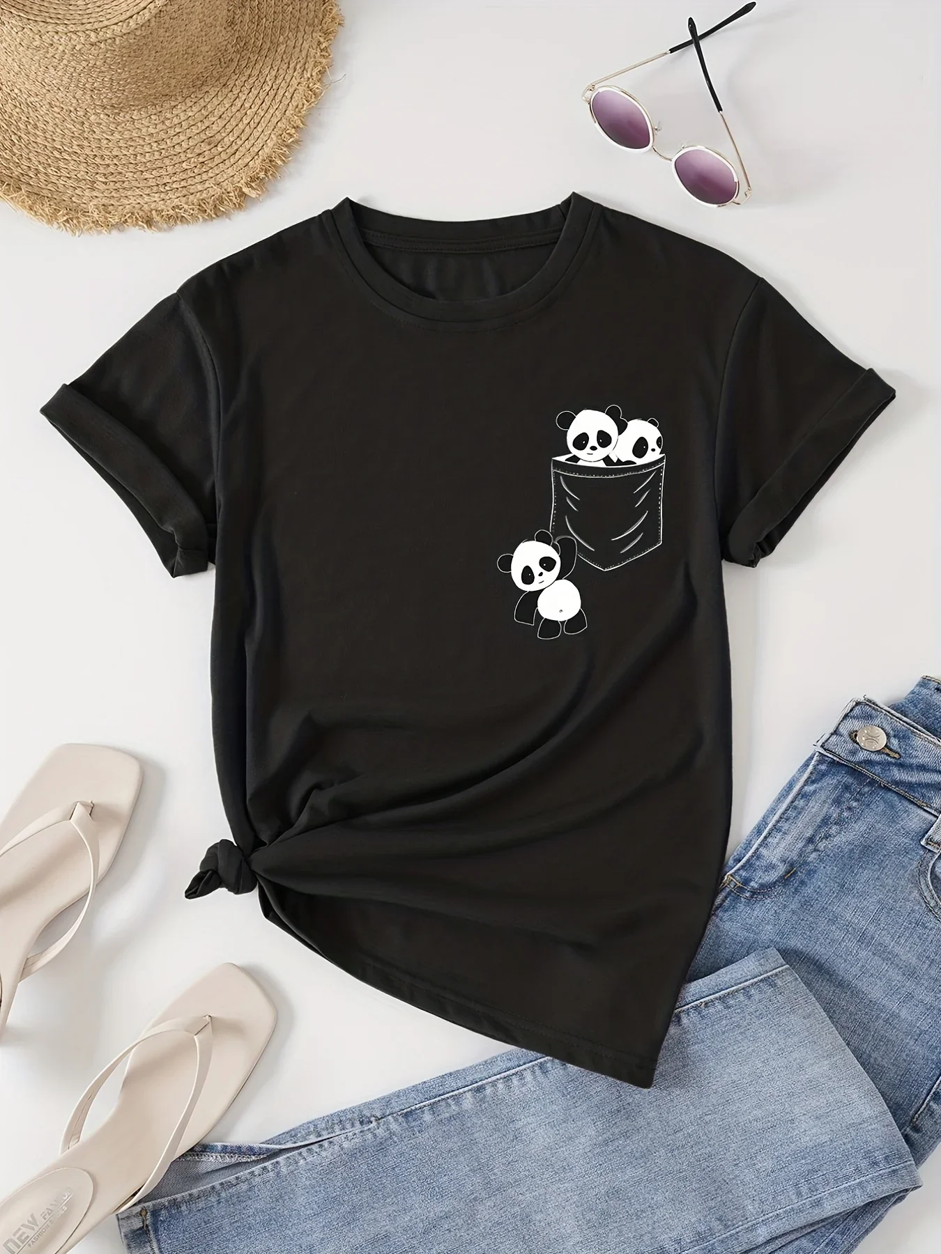 Kaus leher kru motif Panda, T-Shirt lengan pendek kasual untuk Musim Semi & musim panas, pakaian wanita kerah O dasar kasual