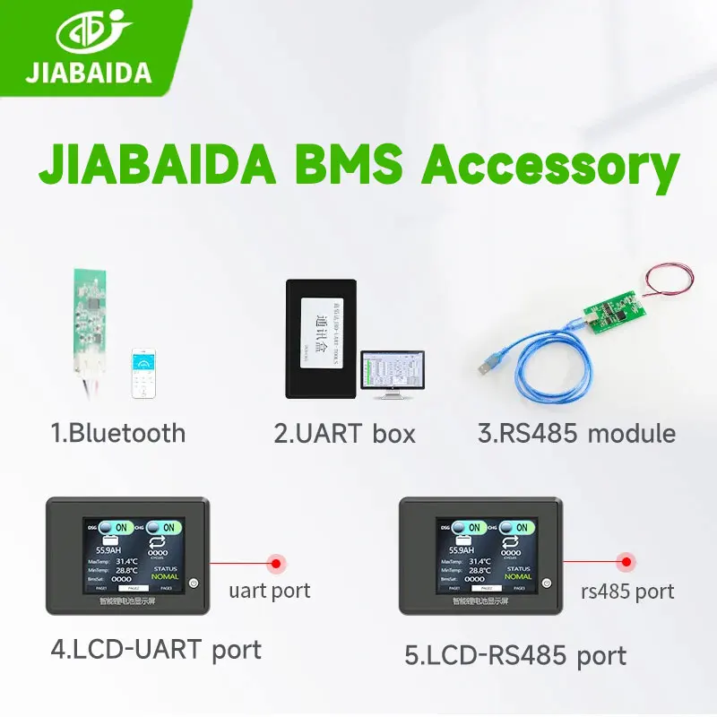 JIABAIDA Smart BMS Accessory LCD Displayer BT UART Box RS485 Cable for JBD BMS Spare Parts