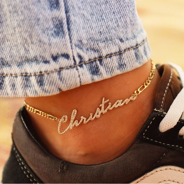 Custom Name Anklet 3D Name Jewelry for Women Personalized Zirconia Gold Plated Nameplate Anklets Gift for Mother's Day Gift