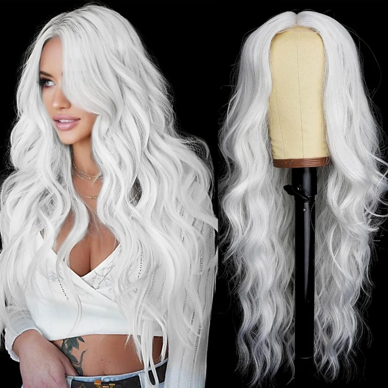 

New full-head with straight bangs, platinum gradient, elegant long curly hair, popular European and American style wig