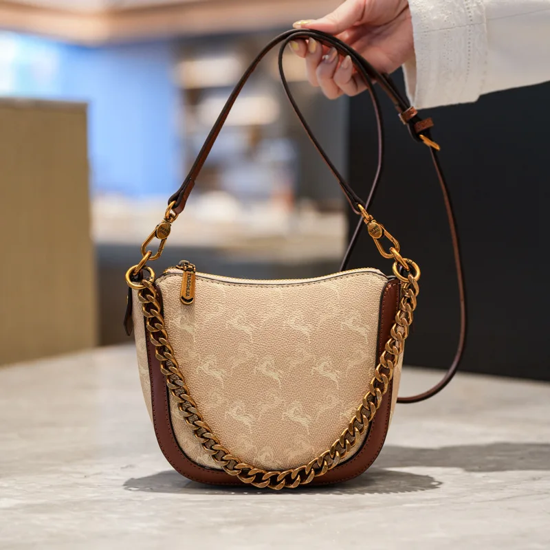 Two-tone Monogram Half Moon Bag PU Leather Trim Antique Gold Hardware Adjustable Shoulder Strap Ladies Daily Purse