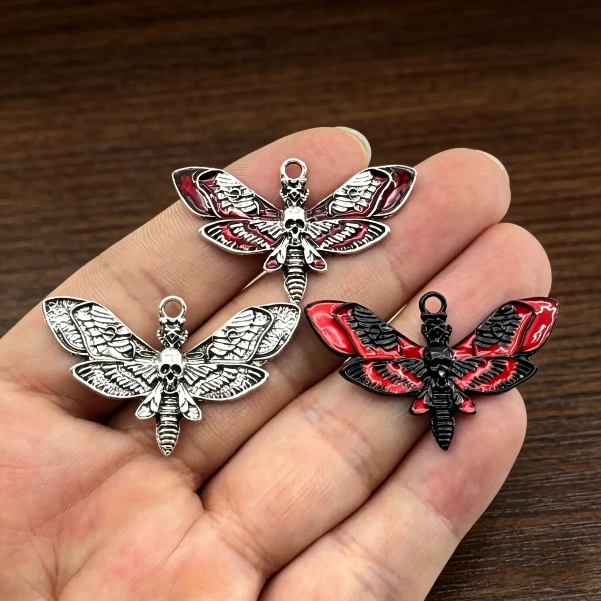 10Pcs Gothic Death Moth Skull Charms Red Black Enamel Alloy Insect Pendants DIY Jewelry Making Accessories