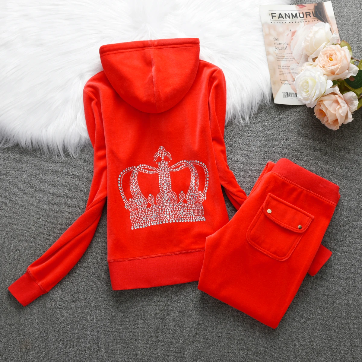 

Juicy Lover Brand Spring Autumn Sporting Suits Red Gray Navy Blue Velvet Women Tracksuits Hooded Collar Casual Sportswear suit