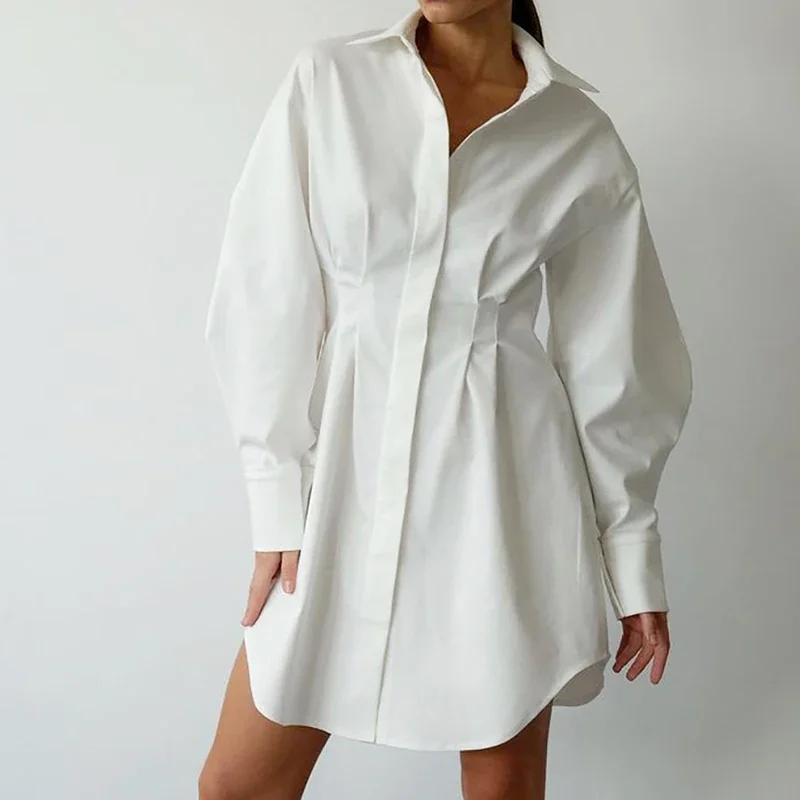 แฟชั่นเดี่ยวจีบ A-Line ชุดผู้หญิงเรียบง่ายแขนยาวชุดฤดูใบไม้ผลิ Slim เสื้อชุด
