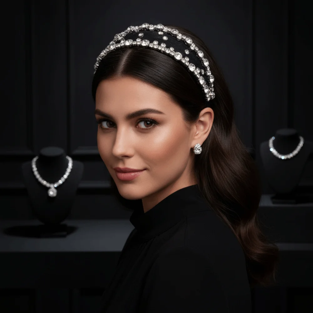 Luxury Wedding Tiara Sparkly Rhinestone Headband Transparent Wide-brim Mesh Hair Hoop Glitzy Handmade Baroque Hairband Banquet