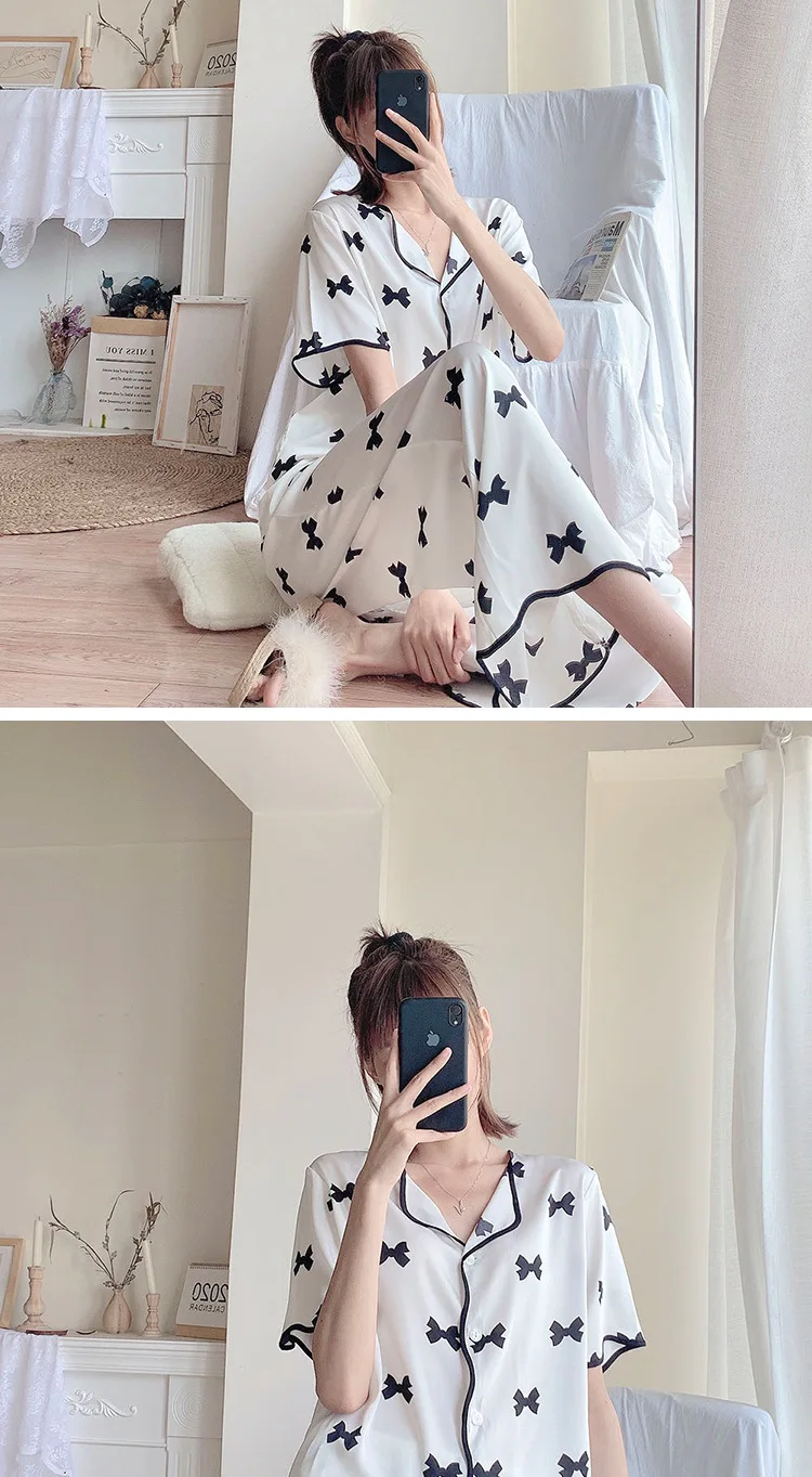 Women Pajamas Set Summer 2 Piece Butterfly Bow Print Pyjama Faux Silk Satin Sleepwear Short Sleeve Pijama Mujer Pjs Homewear