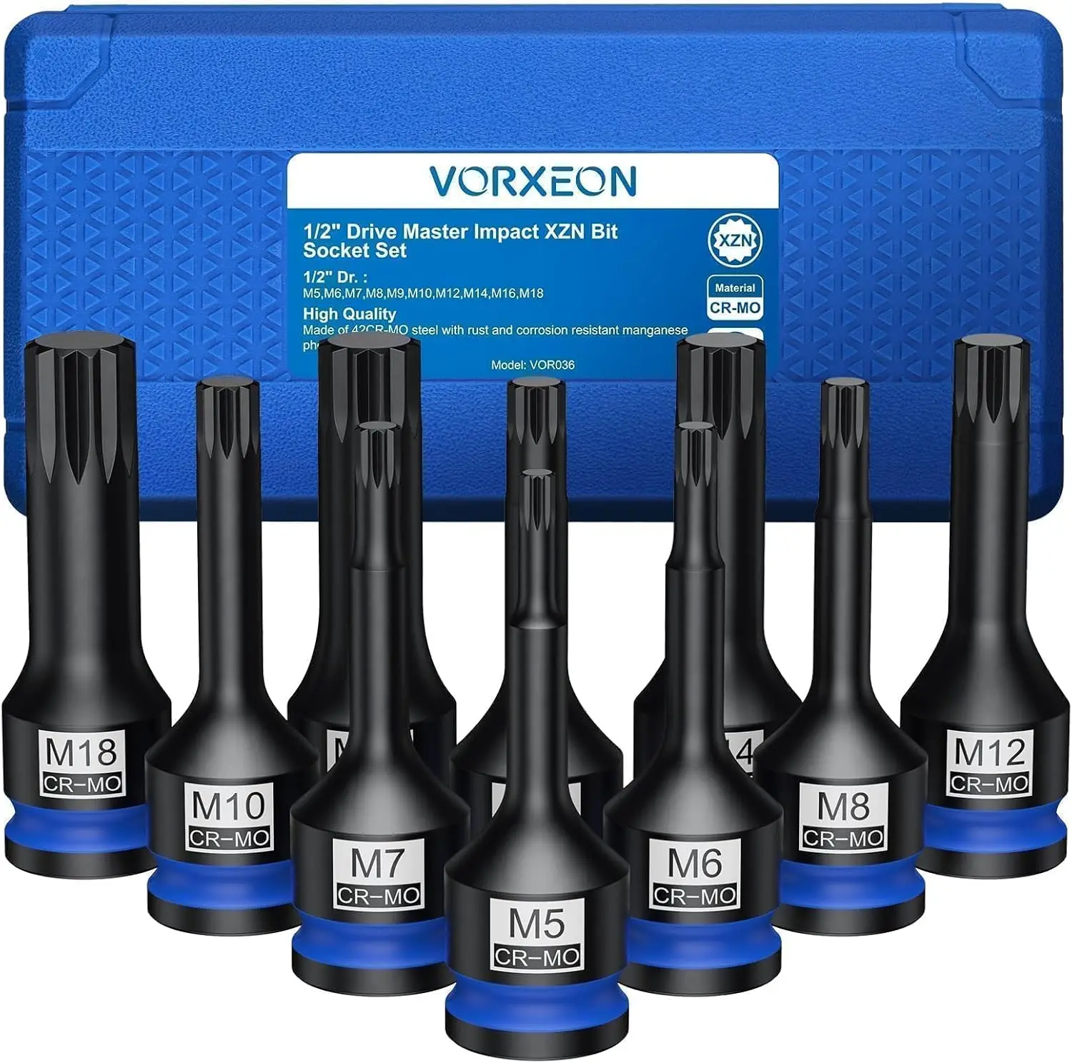 10 Uds. Juego de enchufes de punta cuadrada Triple XZN de impacto de 1/2 "42CRMO con estuche de almacenamiento M5 M6 M7 M8 M9 M10 M12 M14 M16 M18