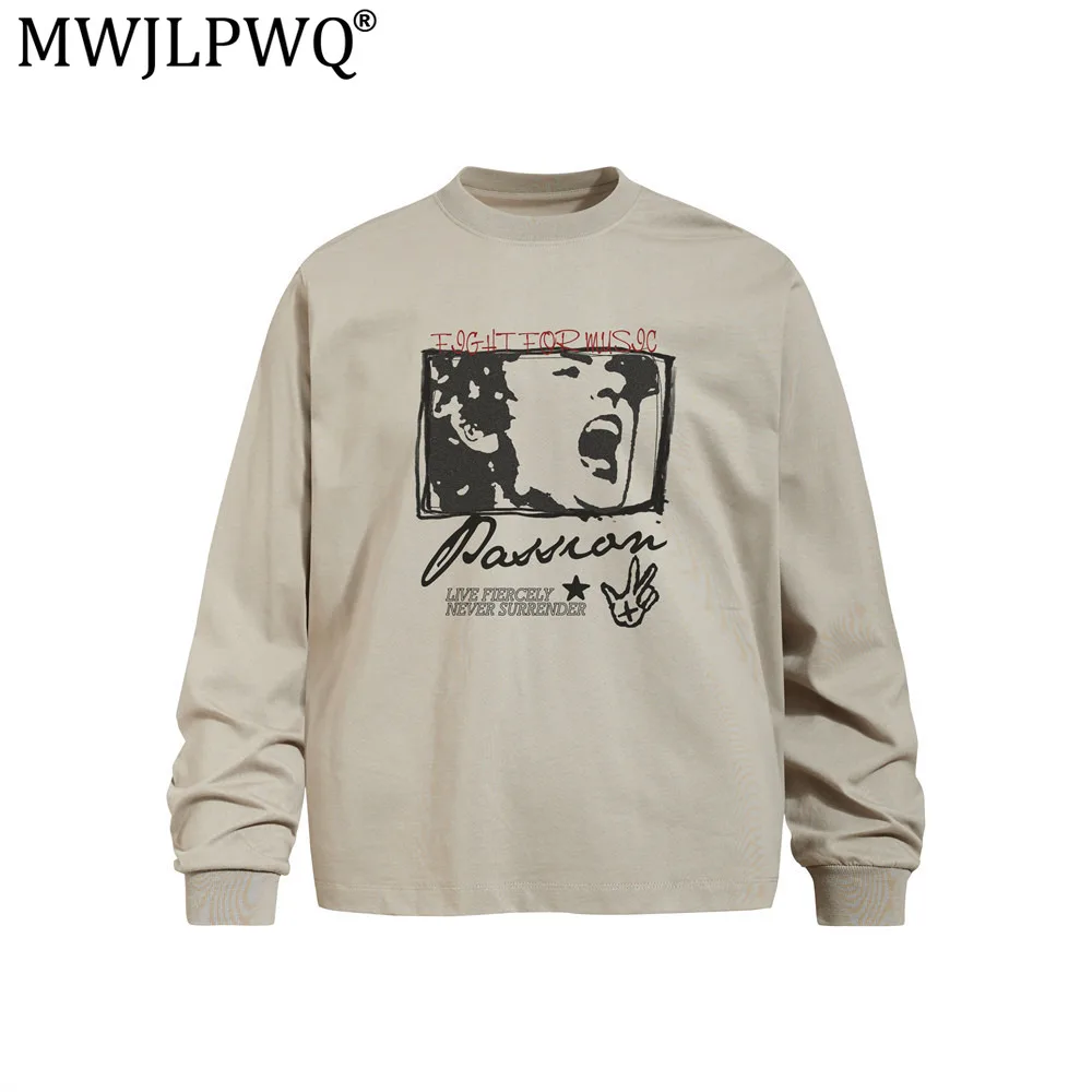 MWJLPWQ American Retro-Style Print Long-Sleeve T-Shirt Loose-Fit Round Neck Design Suitable Tops For Spring Autumn Chic 17706