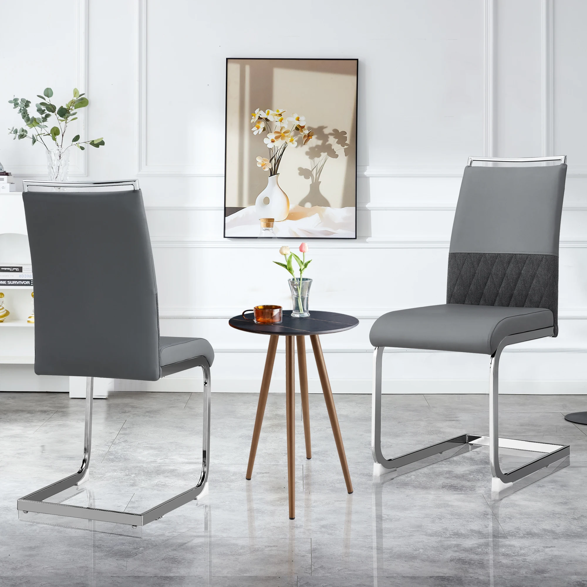 HOUSE SPOLE Chaises de salle à manger design, lot de 2 chaises en PU et lin avec dossier à lignes verticales, gris