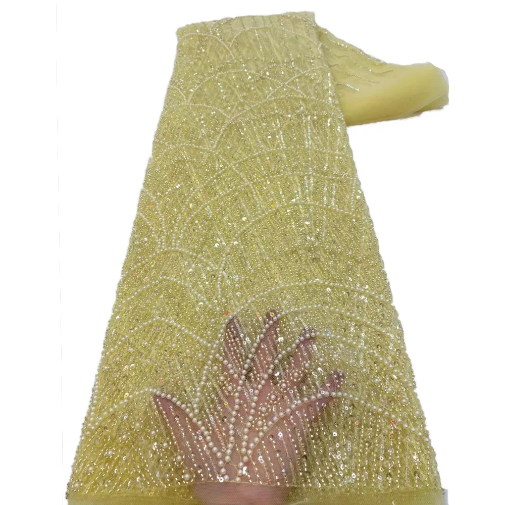 프랑스 튤 염색 비즈 레이스 원단 나이지리아 신상품 5야드 진주 스팽글 자수 비즈 레이스 원단 웨딩 드레스용