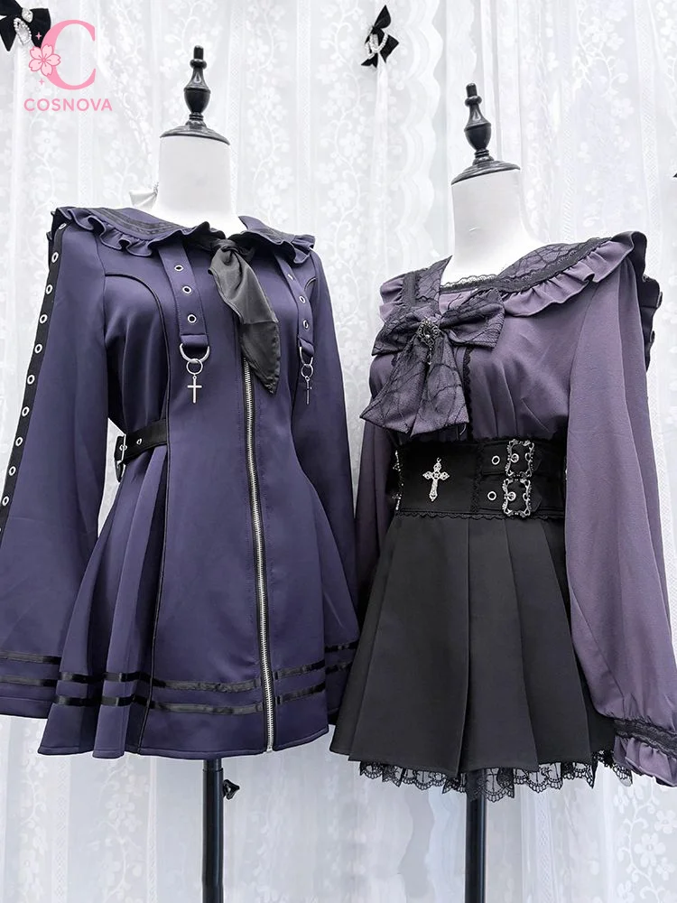 Gothic Dark Lolita Dress Set Women Navy Collar Zip Up Lace Bow Ruched Waist Puff Sleeve Slim Fit Mini Dress Elegant Outfit