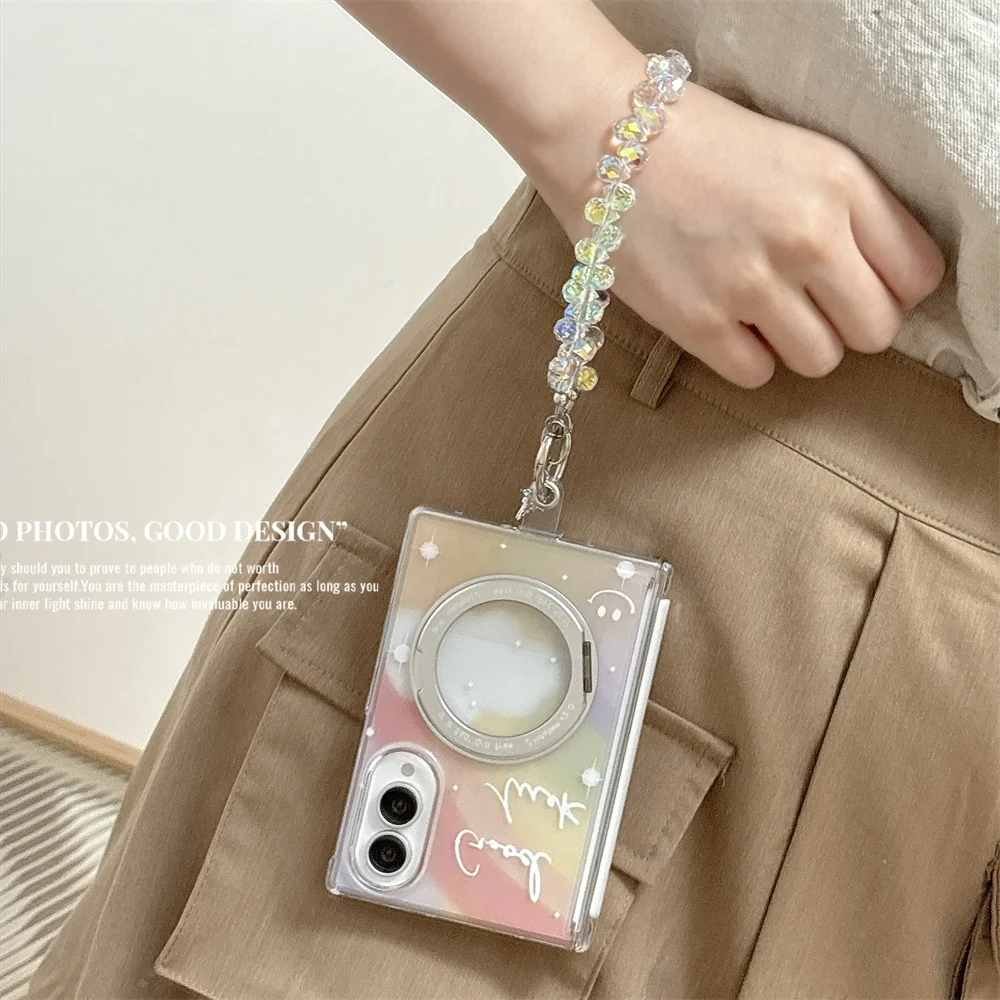 Gradient Rainbow Smudge Print Phone Case For Samsung Galaxy Z Fold 8 360°Rotating Ring Holder Hard Cover With Bead Wrist Chain