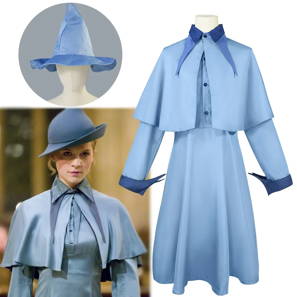 

Magic Wizard School Witch Fleur Isabelle Delacour Furong Cosplay Costume Beauxbaton School Uniform Women Hat Dress Shawl Set