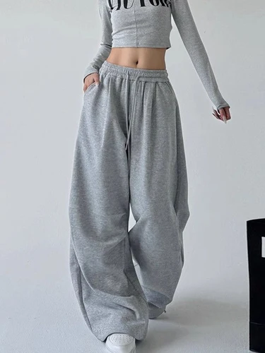 Pantalones de chándal de pierna ancha Y2K Harajuku para mujer, ropa de calle holgada de talla grande, pantalones deportivos grises, pantalones informales con cordón de cintura alta