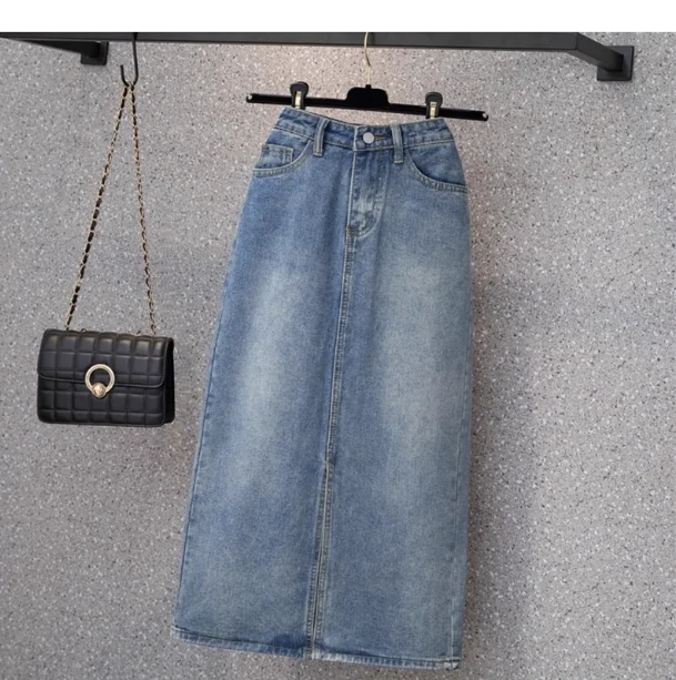 

2025 г. Женская удлиненная джинсовая юбка с разрезом, новый летний стиль А-образной облегающей юбки средней и длинной длины