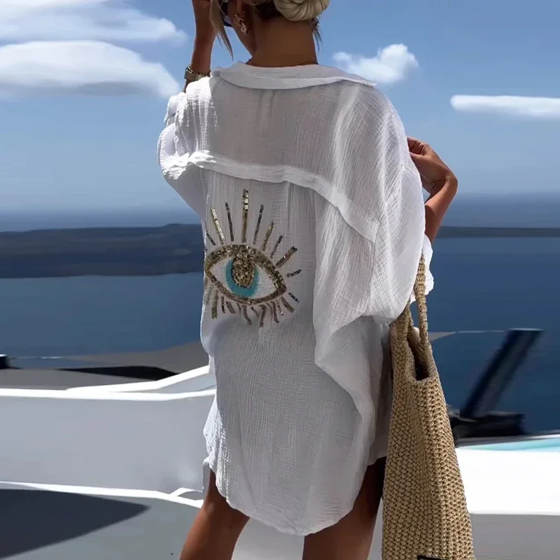 Beach Wear Women 2024 Spring Geometric Eye Sequin Top Casual Long Sleeve Loose Shirts Summer Turn-down Collar Button Long Blouse