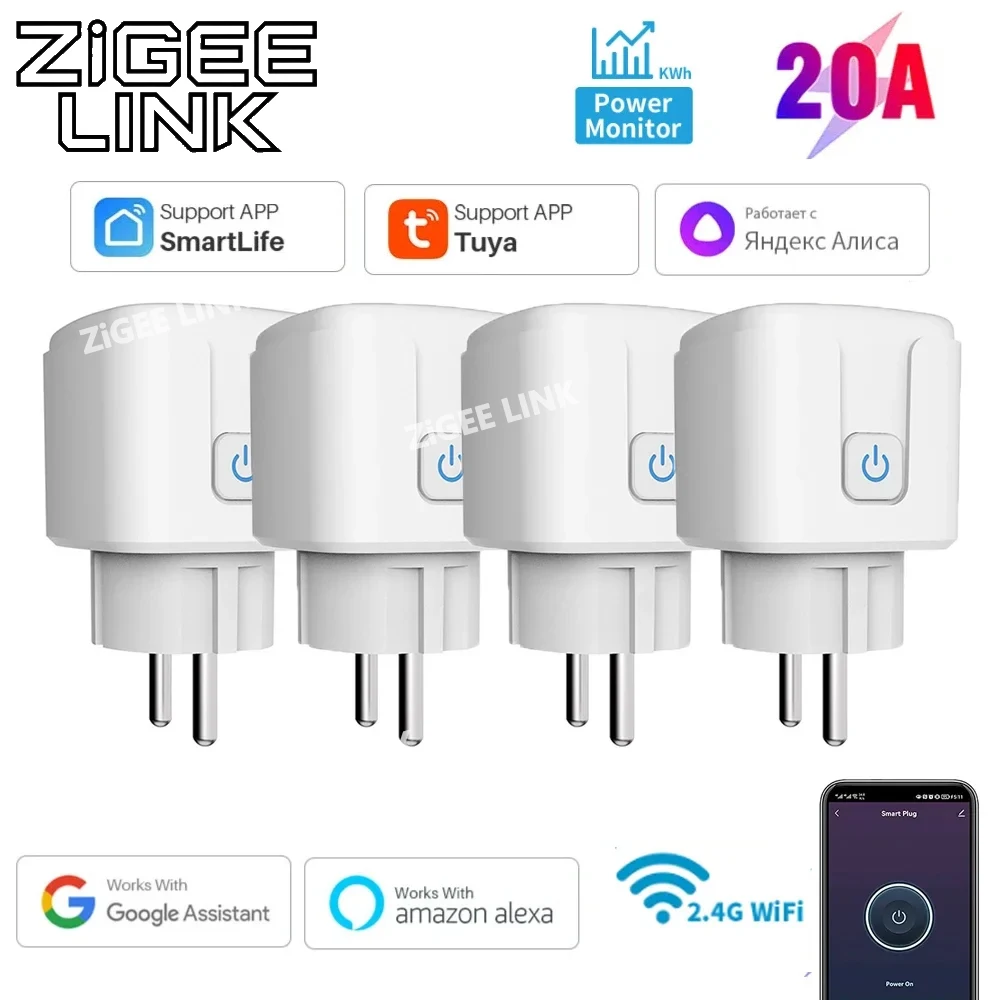 1pcs Tuya Smart Socket EU 16A/20A Wifi Smart Plug Power Monitoring Smart Life APP Remote Control Support Google Assistant Alexa
