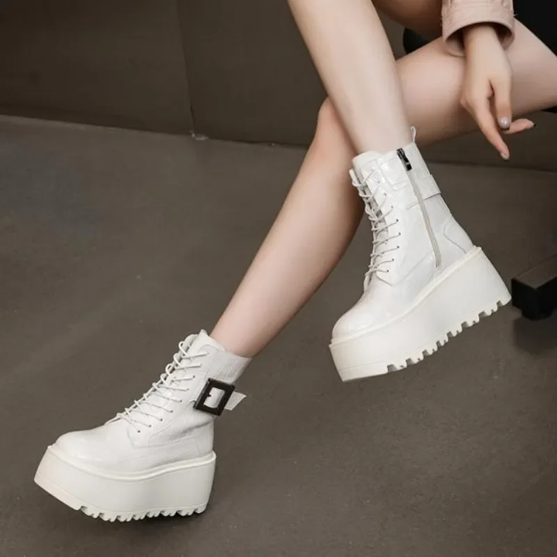 8CM nuove donne stivali da combattimento stivaletti alla caviglia piattaforma Sneakers primavera autunno caldo pelliccia inverno scarpe da donna in vera pelle stivale