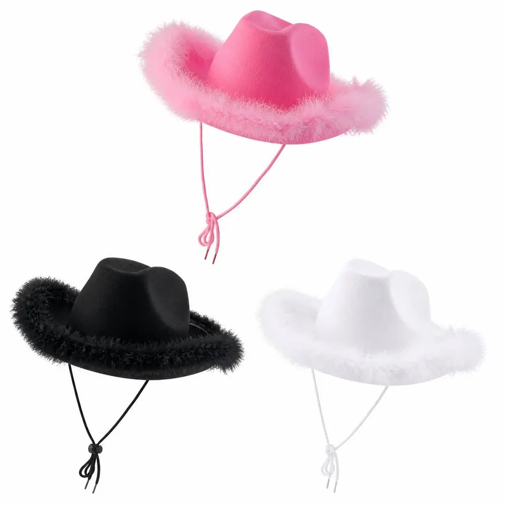 Decorative Cowboy Hat Western Cowboy Hat Fuzzy Fringed Brim Metallic Thread Detail Fuzzy Brim Hat Acrylic Decorative Trim