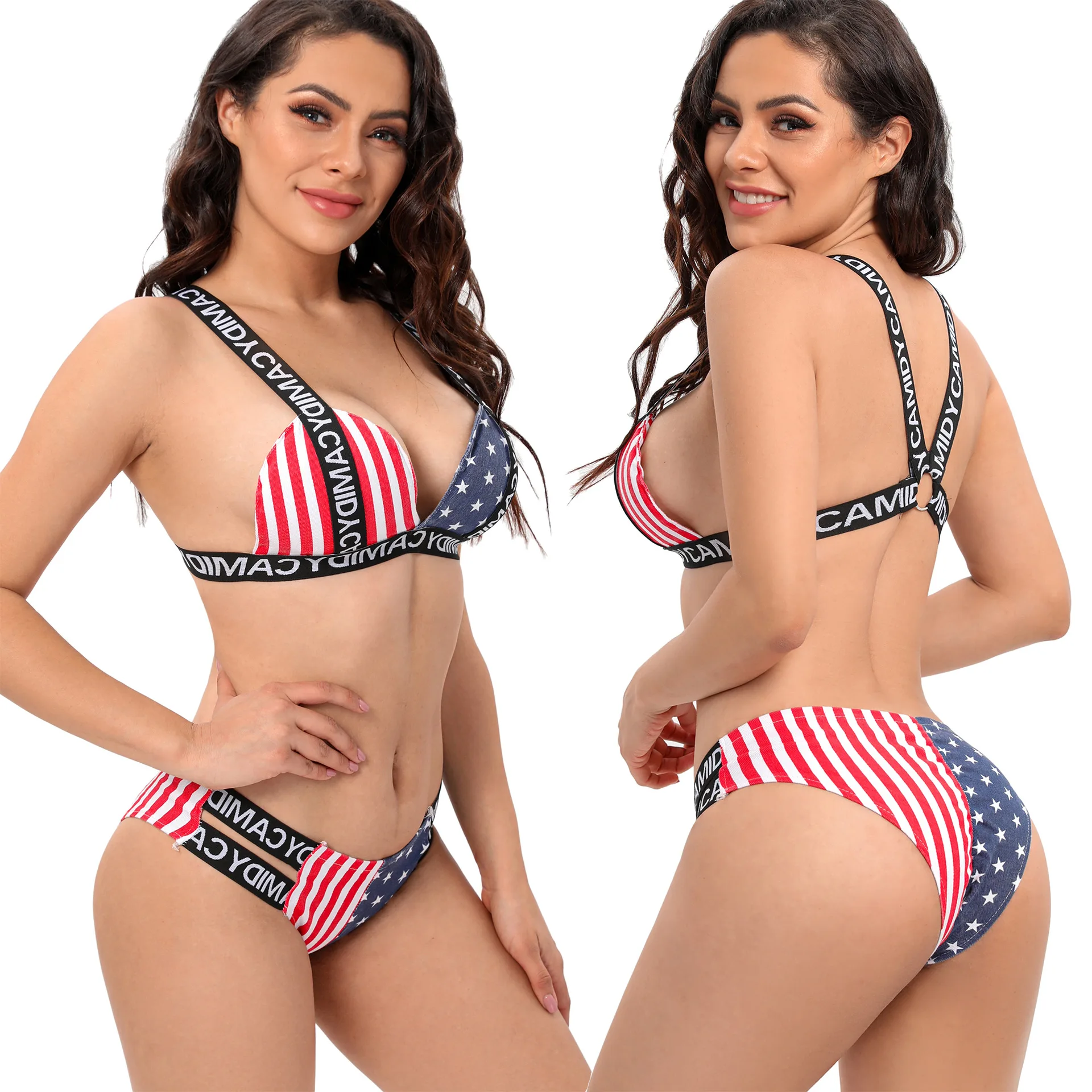 

2025 New Sexy Flag Bikini Women's Swimsuit Set Gathered Separate Meileiya Polyester Casual Surfing Swimwear with Chest Pad