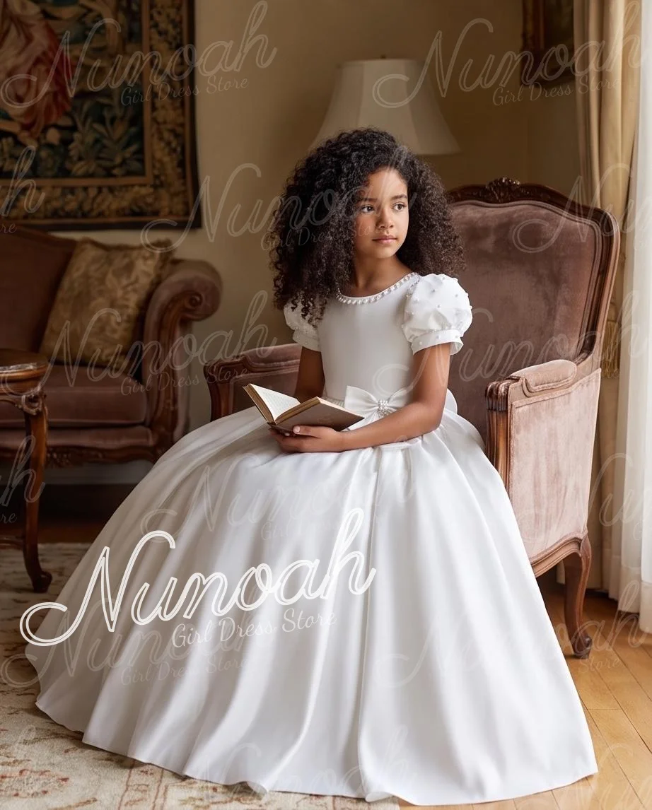 White Satin Flower Girl Dresses for Wedding with Bow Pearl Long Length Baptism Formal Gown Girl First Communion Gowns Customized