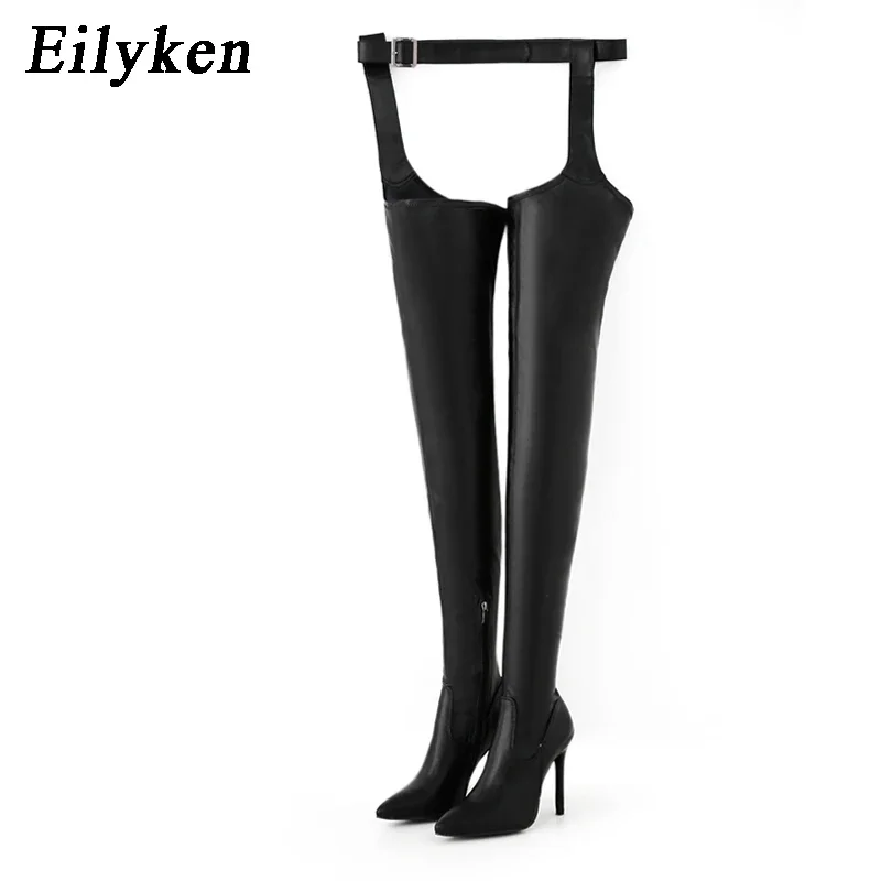 Eilyken PU Leather Over the Knee Boots Women Sexy Style Thigh High Booties Pointed Toe Buckle Strap Fetish Stripper Dance Shoes