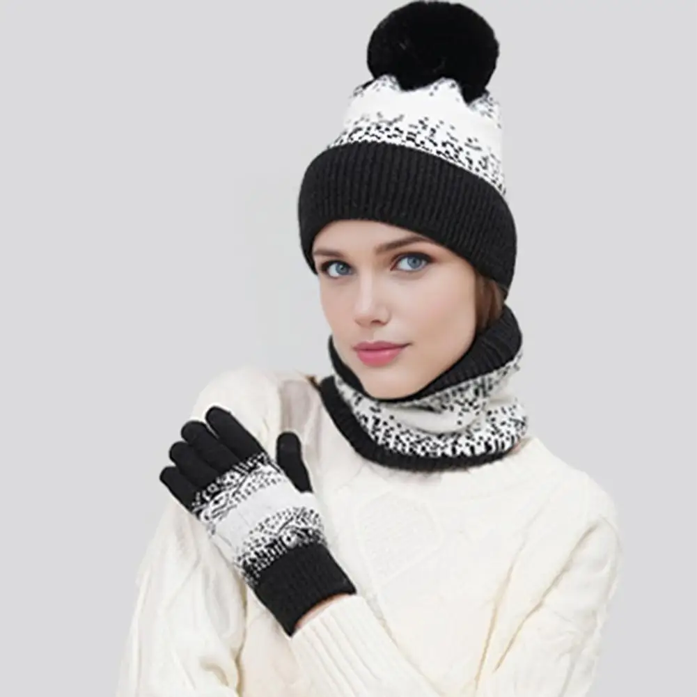 Warm Winter Gaiter Set 3pcs Winter Hat Scarf Gloves Set with Plush Ball Decor Thickened Plush Lining Neck Gaiter Touch Screen